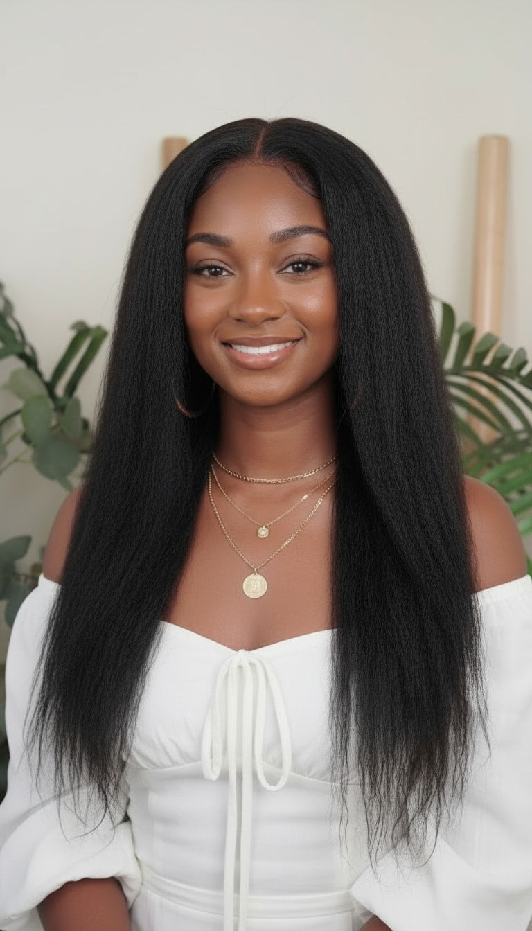 Woman with long straight black hair wearing a white off-shoulder top indoors.