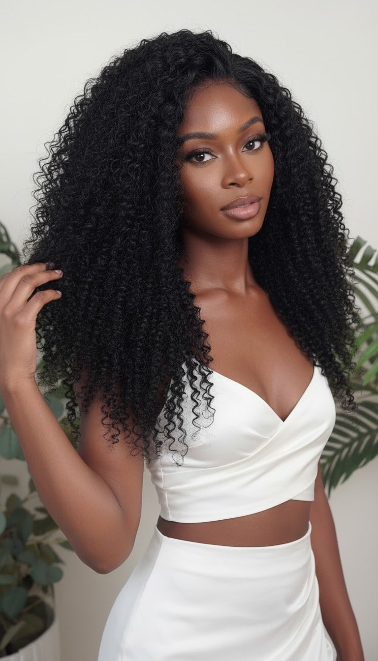Woman with long, curly black hair wearing a white top against a neutral background