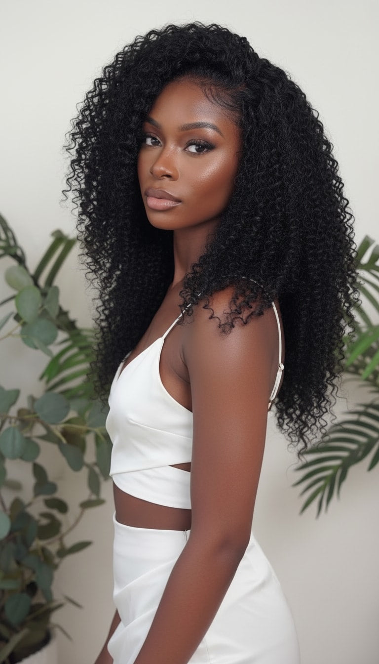 Woman with long, curly hair wearing a white outfit against a neutral background