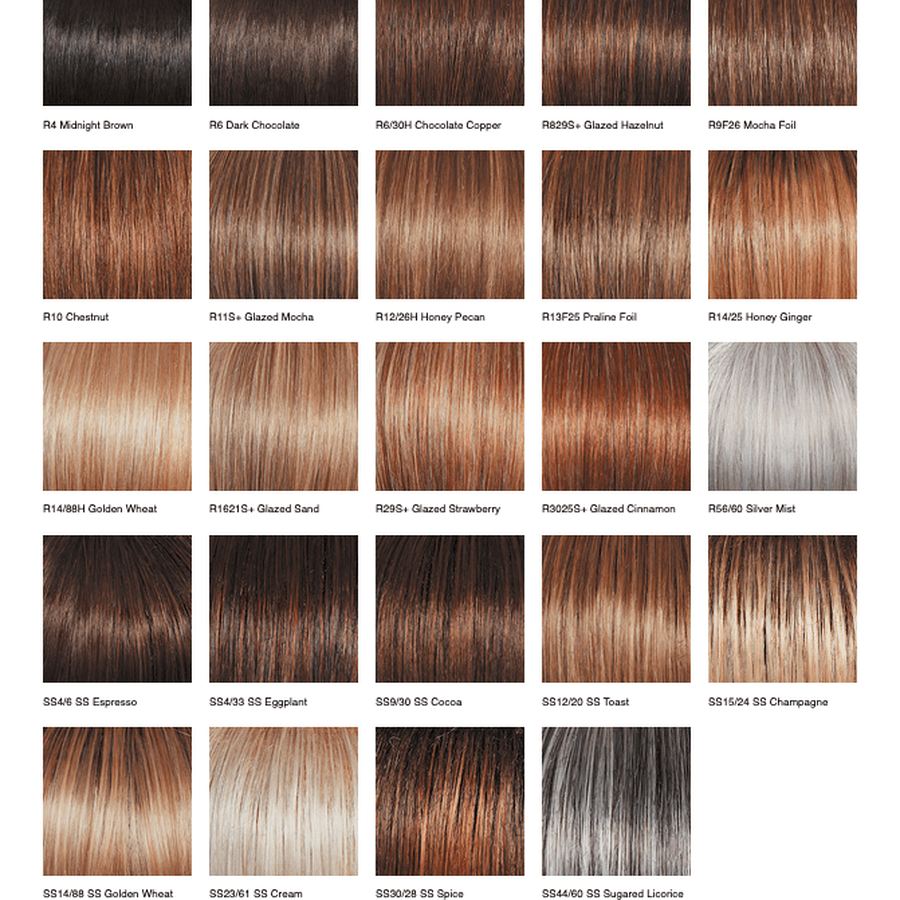 A hair color swatch chart showing multiple rectangular samples of hair in different tones and textures, arranged in a grid with labels such as R4 Midnight Brown, R10 Chestnut, R35S Glazed Strawberry, and S4S Espresso.