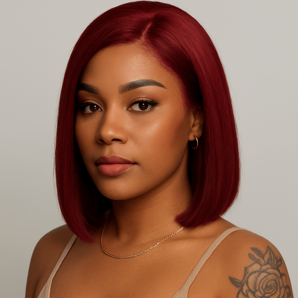 Woman with red hair and a tattoo on her arm against a neutral background. burgundy wig, burgundy red wig, burgundy lace front wig, burgundy human hair wig, wine red wig, wine color wig, red lace front wig, red human hair wig, red bob wig, burgundy bob wig, burgundy lace wig, burgundy human hair bob wig, straight bob wig, straight lace front wig, straight human hair wig, human hair bob wig, lace front bob wig, bob lace wig, chic bob wig, sleek bob wig, short human hair wig, short lace front wig, short wig
