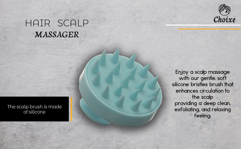 Light blue silicone hair scalp massager brush with soft bristles for deep cleansing, exfoliating, scalp stimulation and relaxing shampoo massage.