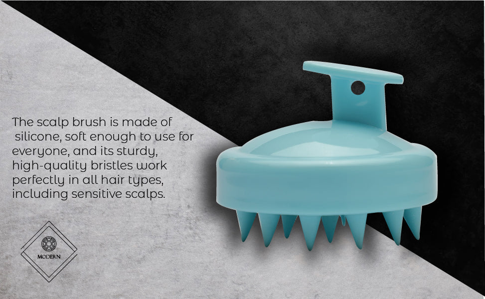 Blue silicone scalp massager shampoo brush with soft rounded bristles for deep cleansing, exfoliating, scalp massage and all hair types.