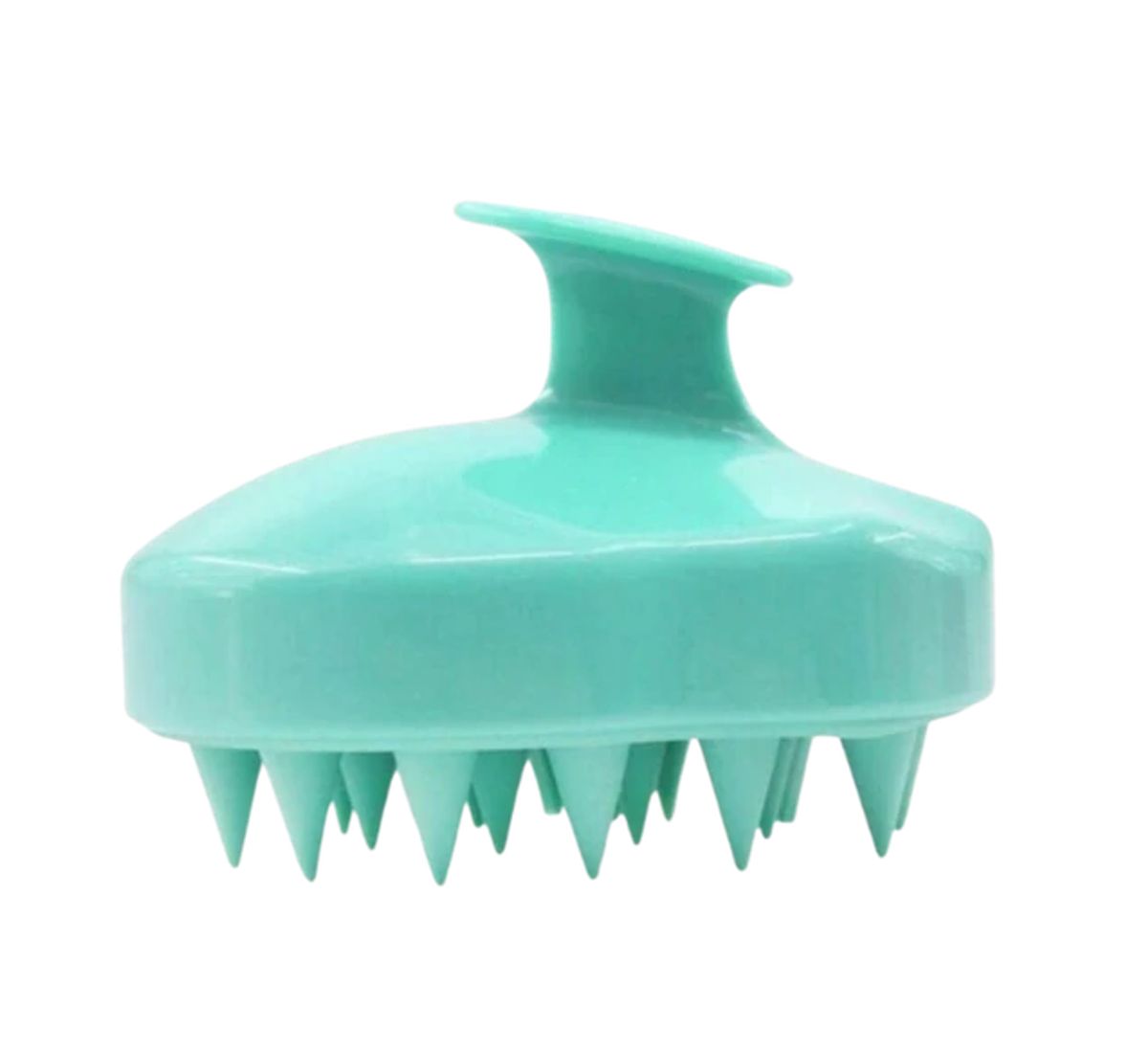 Turquoise silicone scalp massager brush with soft flexible bristles and ergonomic handle for deep cleansing, exfoliating, shampooing and scalp care.