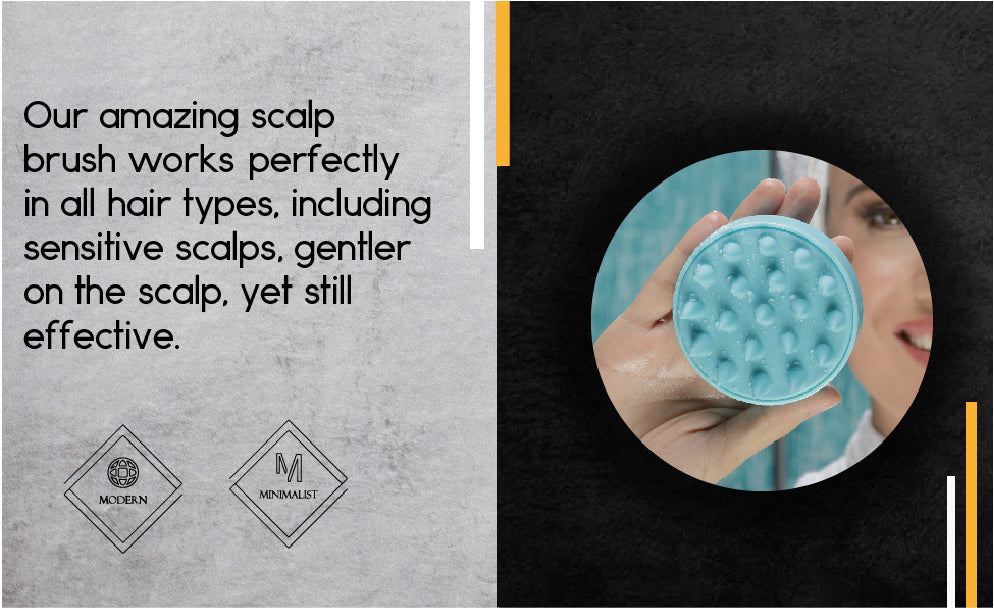 Soft silicone scalp massager brush with rounded bristles for deep cleansing, gentle exfoliation and relaxing scalp massage on all hair types, including sensitive scalps.