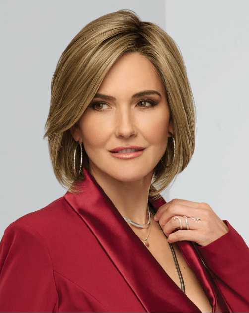 Raquel Welch Straight Up With a Twist Elite luxury designer wig in RL11/25 Golden Walnut, premium short straight bob style with dimensional golden brown synthetic hair, elegant high-end wig for women
