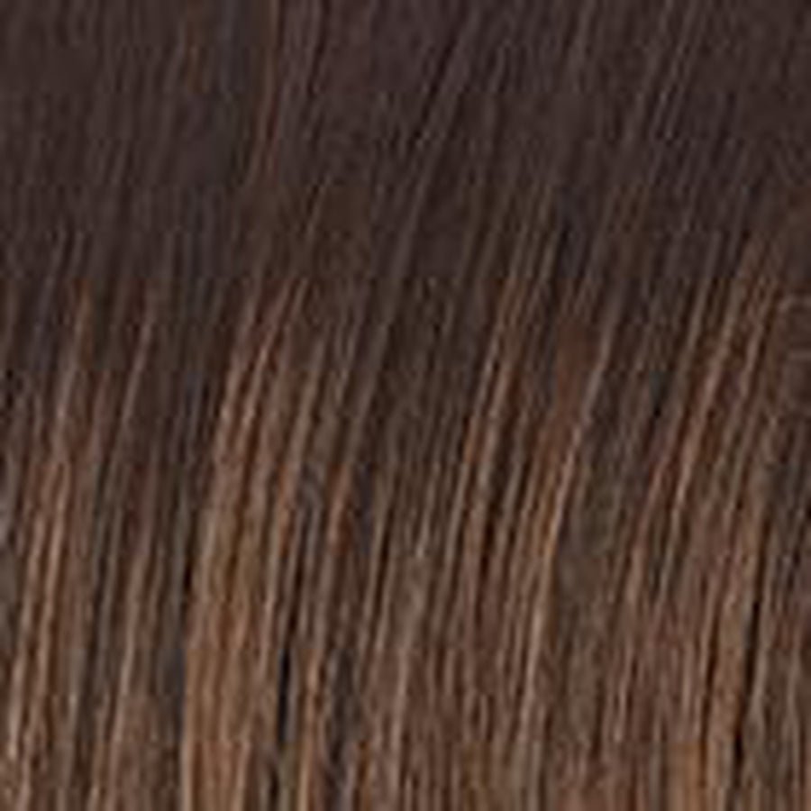 A close-up texture shot of straight hair with a dark brown root transitioning into warm medium brown highlights, showing the hair strands and color gradient.