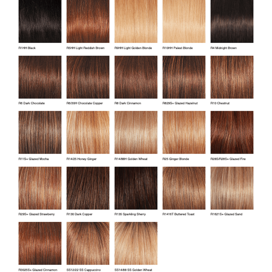 A hair color swatch chart showing multiple rectangular samples of straight hair in different shades and tones, arranged in a grid with labels such as Black, Light Redhead Brown, Golden Blonde, Midnight Brown, Chocolate, Cinnamon, Glazed Henna, Cheestral, Glazed Monica, Honey Ginger, Golden Wheat, Ginger Blonde, Glazed Fire, Glazed Strawberry, Dark Copper, Sparkling Sherry, Buttered Toast, Sand, Cinnamon, Cappuccino, and Golden Wheel.