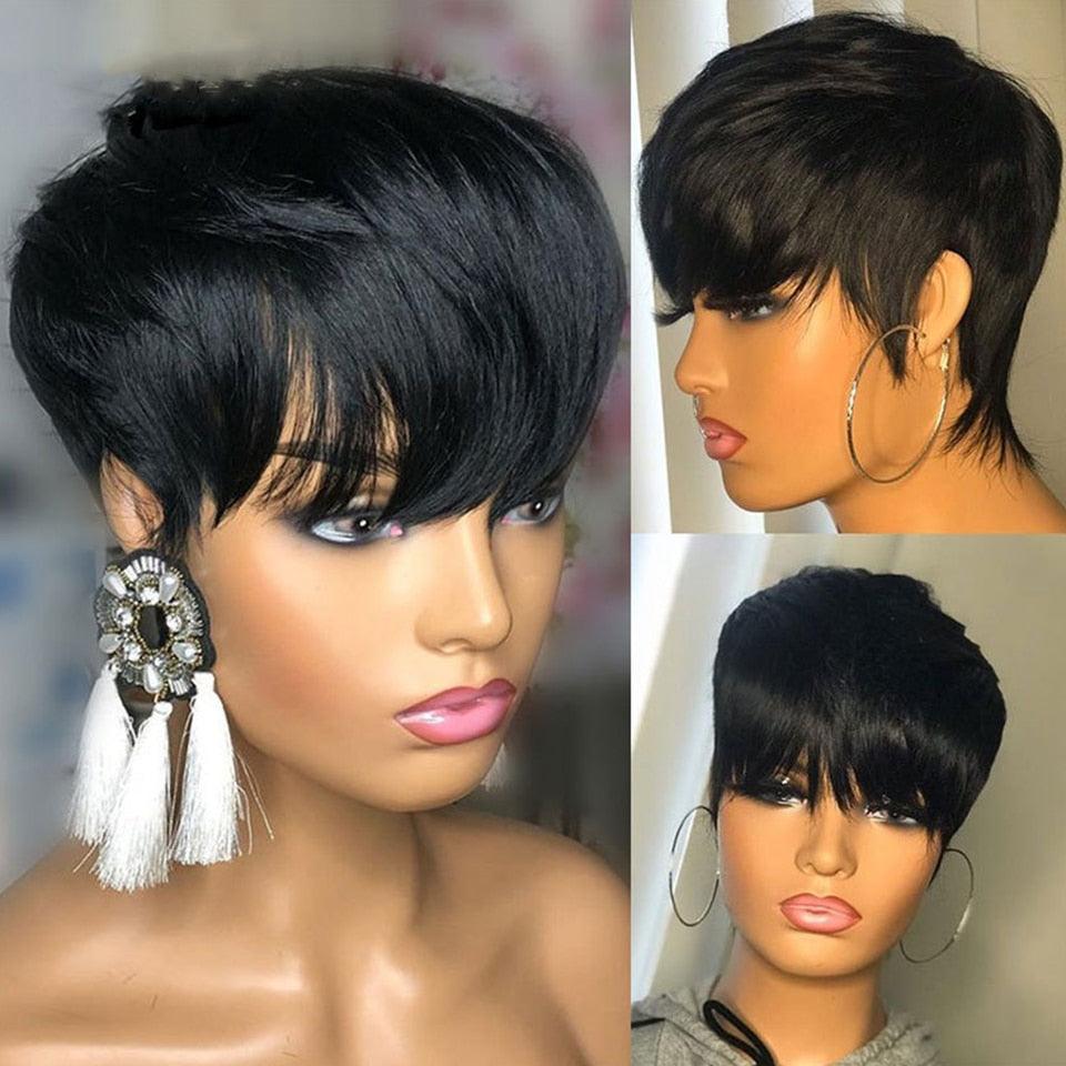 Natural black short pixie cut wig with side-swept bangs, 100% Indian virgin human hair straight bob wig for Black women, sleek layered Remy hair, realistic short hairstyle, multiple front and side views