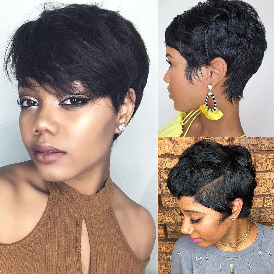 Natural black short pixie cut wig with side-swept bangs, 100% Indian virgin human hair straight bob wig for Black women, sleek layered Remy hair, realistic short hairstyle, front side and top views, everyday human hair wig for women