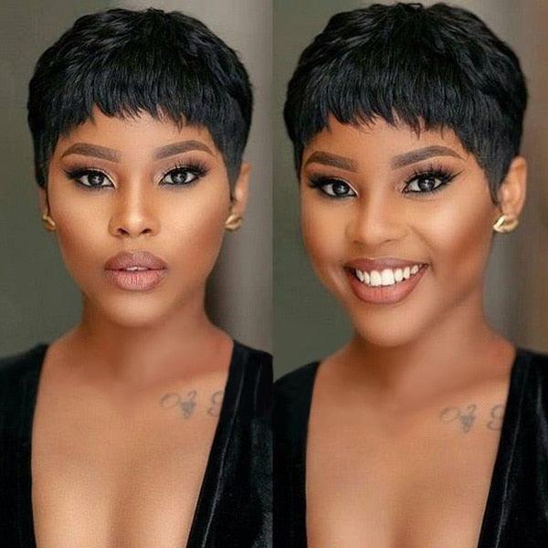 Natural black short pixie cut wig with wispy bangs, 100% Indian virgin human hair straight bob wig for Black women, sleek layered Remy hair, realistic everyday style, side-by-side look