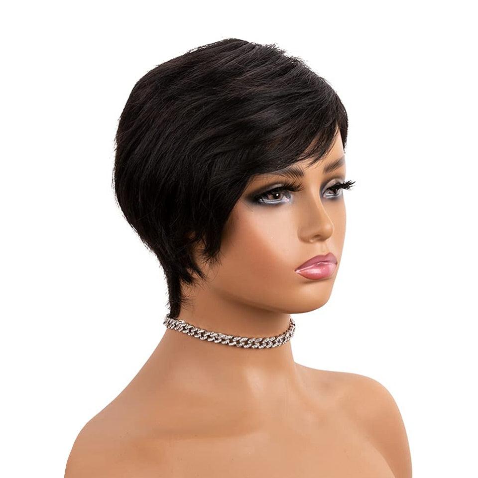 Natural black short pixie bob wig with side-swept bangs, 100% Brazilian virgin human hair straight wig for Black women, sleek layered Remy hair, realistic short hairstyle, salon-quality everyday wig, front view on mannequin