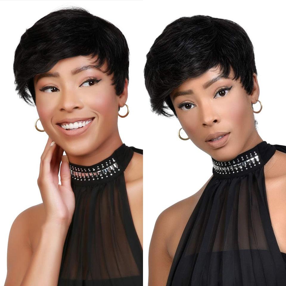 Natural black short pixie bob wig with side-swept bangs, 100% Brazilian virgin human hair straight wig for Black women, sleek layered cut, realistic everyday style
