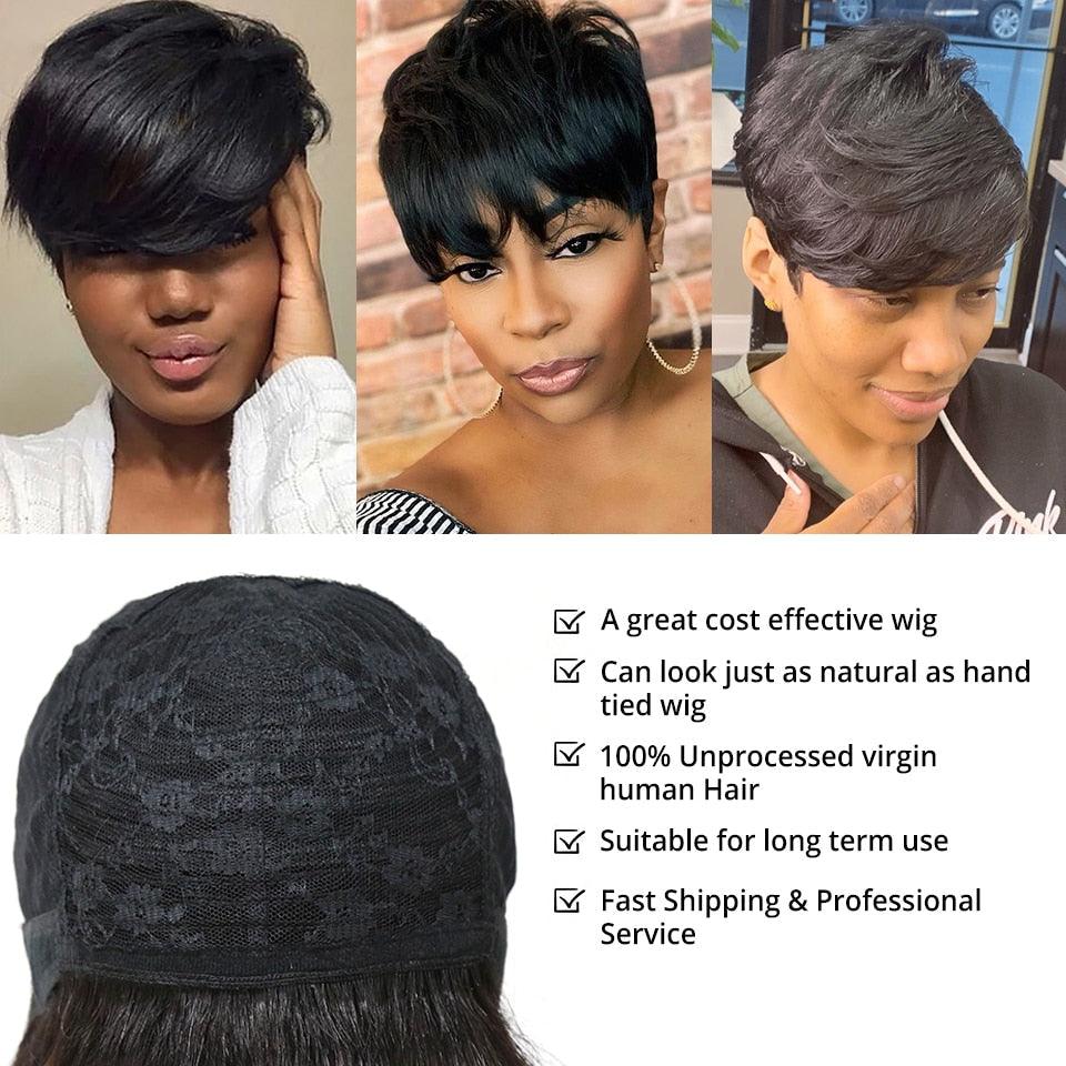 Natural black short pixie bob wig with side-swept bangs, 100% virgin human hair straight wig for Black women, sleek layered Remy hair, realistic short hairstyle; collage shows three styled looks plus breathable wig cap construction and benefits including cost-effective design, natural appearance, unprocessed virgin human hair and long-term wear.